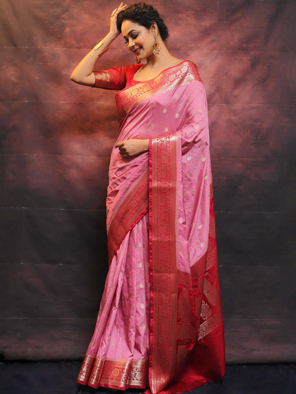 Banarasee Handwoven Semi-Chiffon Saree With Contrast Border & Gold Zari-Pink & Red