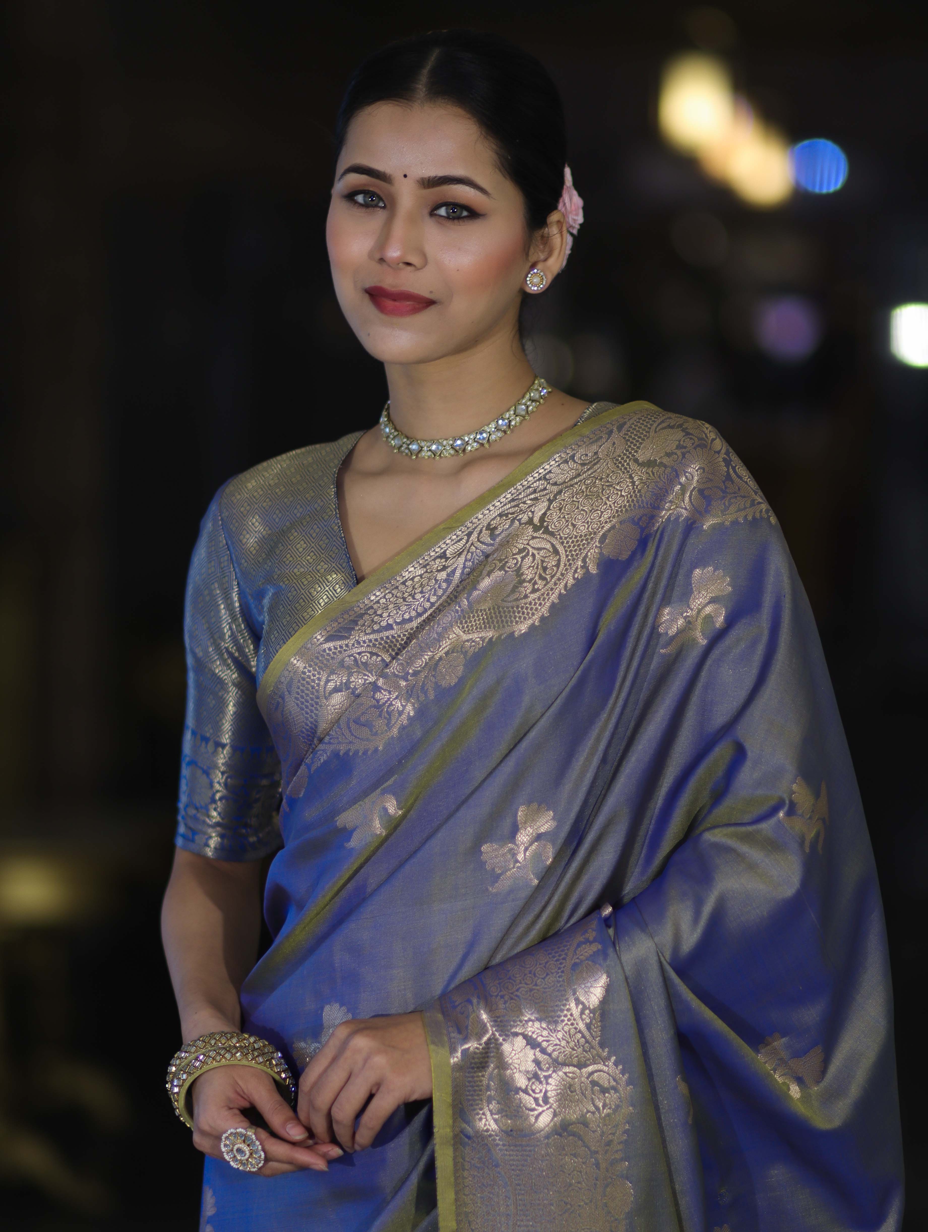 Banarasee Handloom Dual Tone Semi Silk Saree With Zari Buta Design & Floral Border-Blue