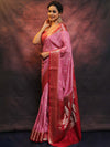 Banarasee Handwoven Semi-Chiffon Saree With Contrast Border & Gold Zari-Pink & Red
