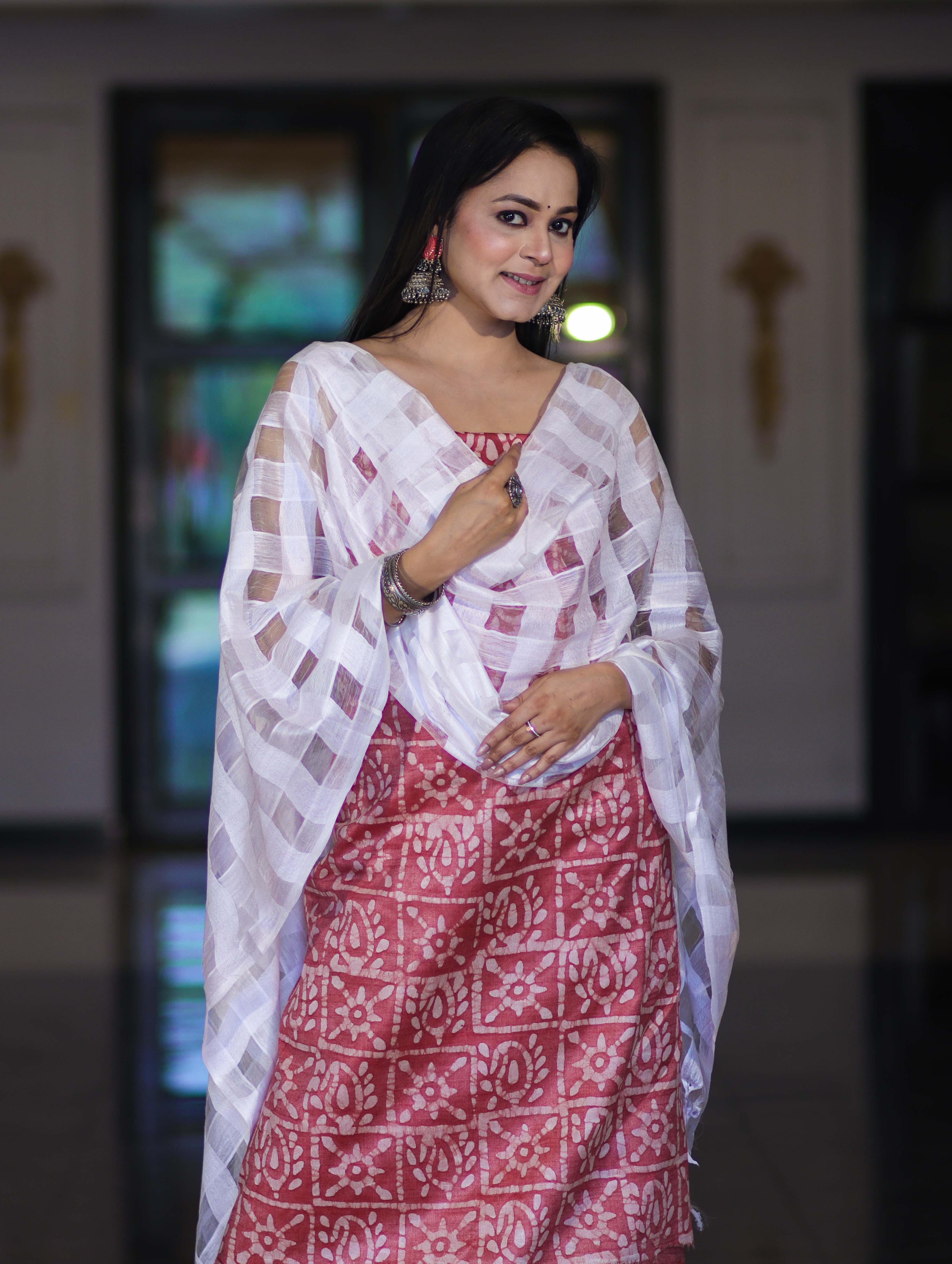 Handloom Block Printed Khadi Cotton Salwar Kameez With Dupatta Set-Red & White