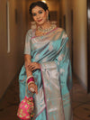 Banarasee Handwoven Dual Tone Semi Silk Saree With Zari Buti-Turquoise Green