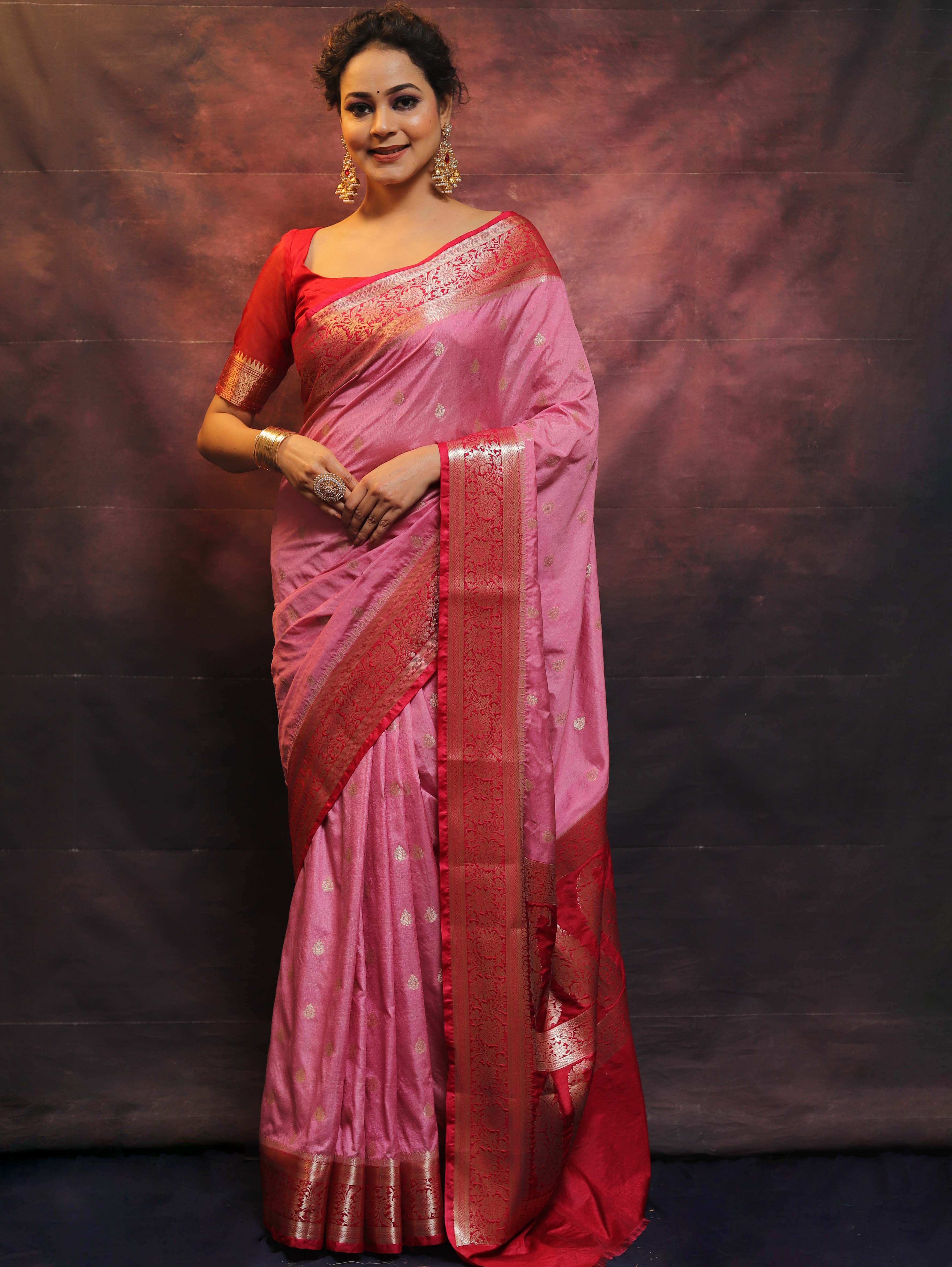 Banarasee Handwoven Semi-Chiffon Saree With Contrast Border & Gold Zari-Pink & Red