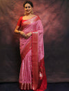 Banarasee Handwoven Semi-Chiffon Saree With Contrast Border & Gold Zari-Pink & Red