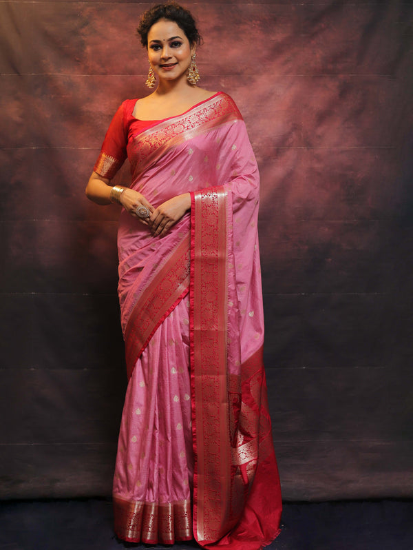 Banarasee Handwoven Semi-Chiffon Saree With Contrast Border & Gold Zari-Pink & Red