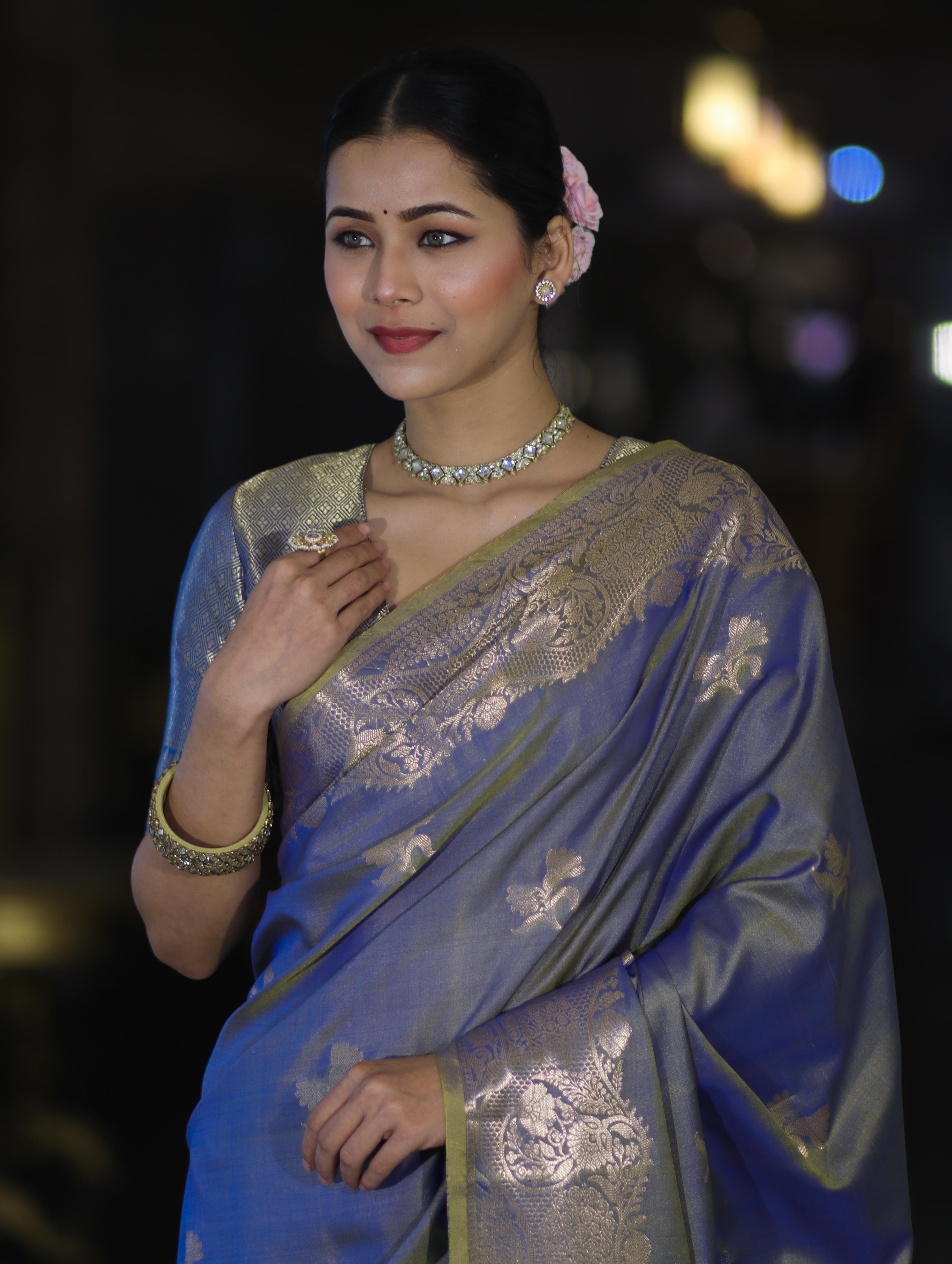 Banarasee Handloom Dual Tone Semi Silk Saree With Zari Buta Design & Floral Border-Blue