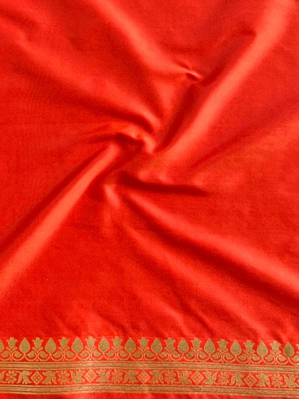 Banarasee Handwoven Semi-Katan Tanchoi Weaving Floral Border Saree-Orange