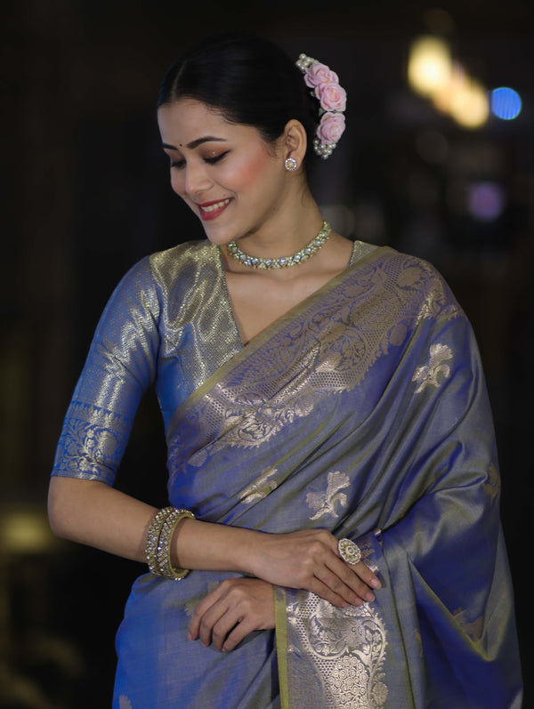 Banarasee Handloom Dual Tone Semi Silk Saree With Zari Buta Design & Floral Border-Blue