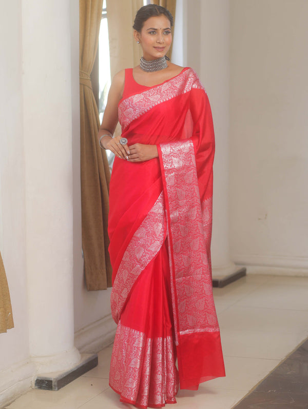 Banarasee Handwoven Plain Semi Silk Saree With Silver Zari Border-Red