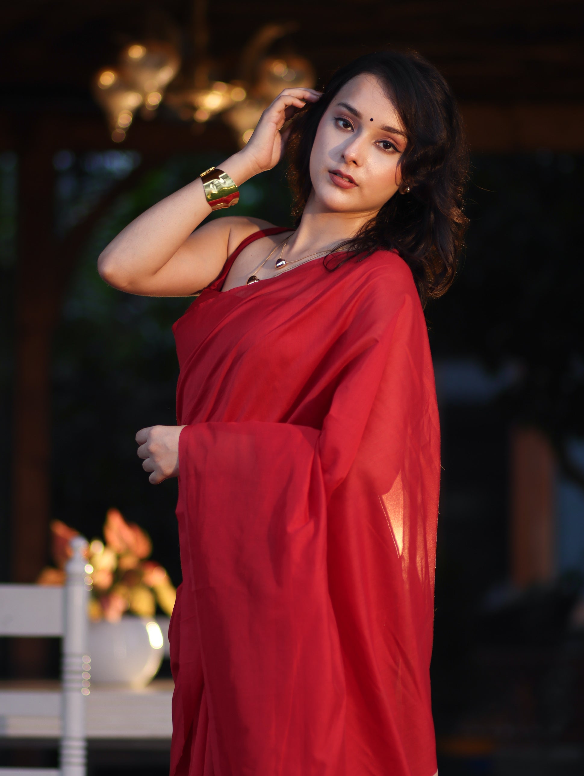 Banarasee Handloom Plain Cotton Silk Saree With Contrast Pallu-Red