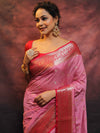 Banarasee Handwoven Semi-Chiffon Saree With Contrast Border & Gold Zari-Pink & Red
