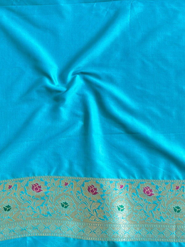 Banarasee Handwoven Semi-Katan Zari & Resham Weaving Floral Border Saree-Light Blue