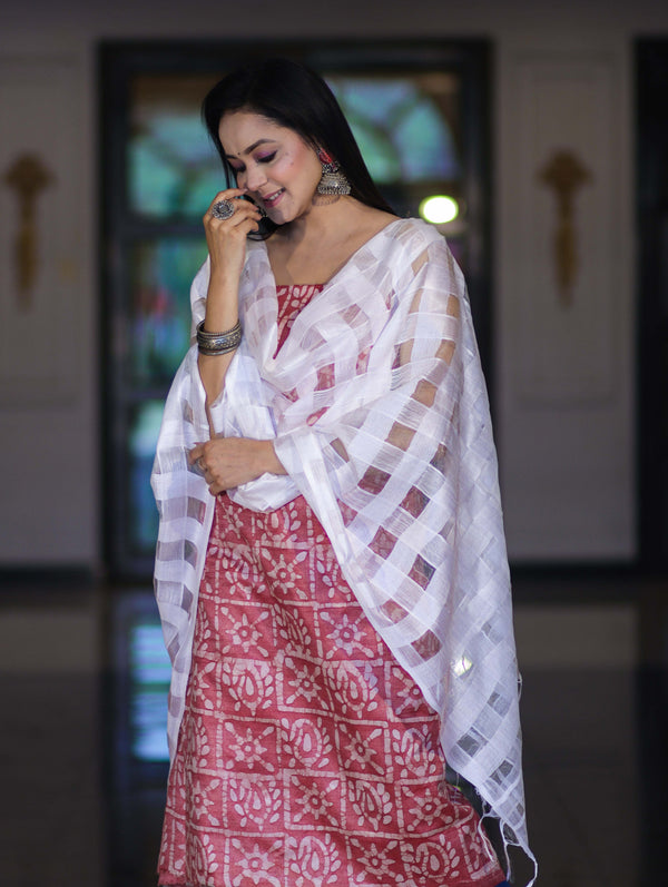 Handloom Block Printed Khadi Cotton Salwar Kameez With Dupatta Set-Red & White