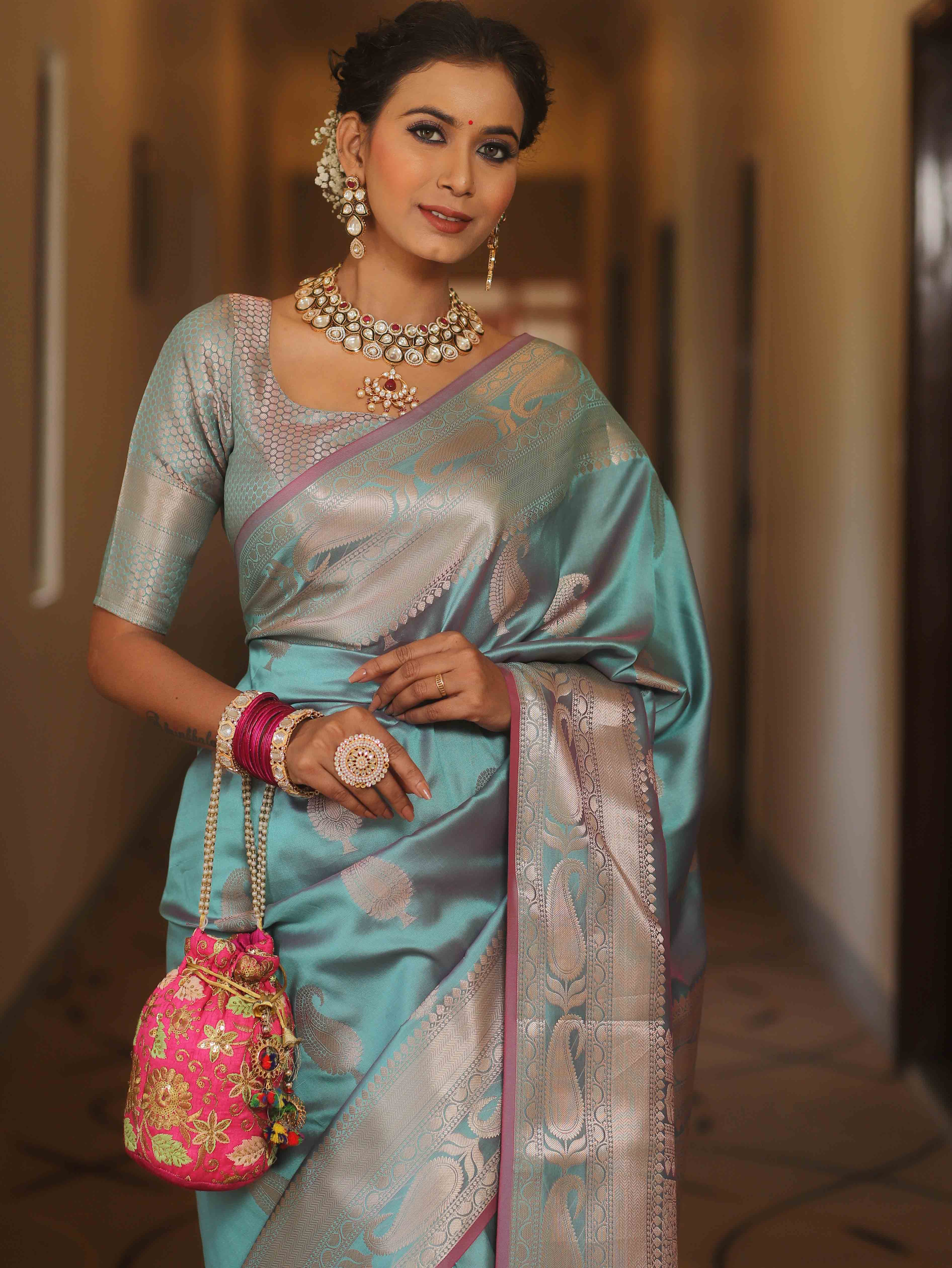 Banarasee Handwoven Dual Tone Semi Silk Saree With Zari Buti-Turquoise Green