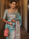 Banarasee Handwoven Dual Tone Semi Silk Saree With Zari Buti-Turquoise Green