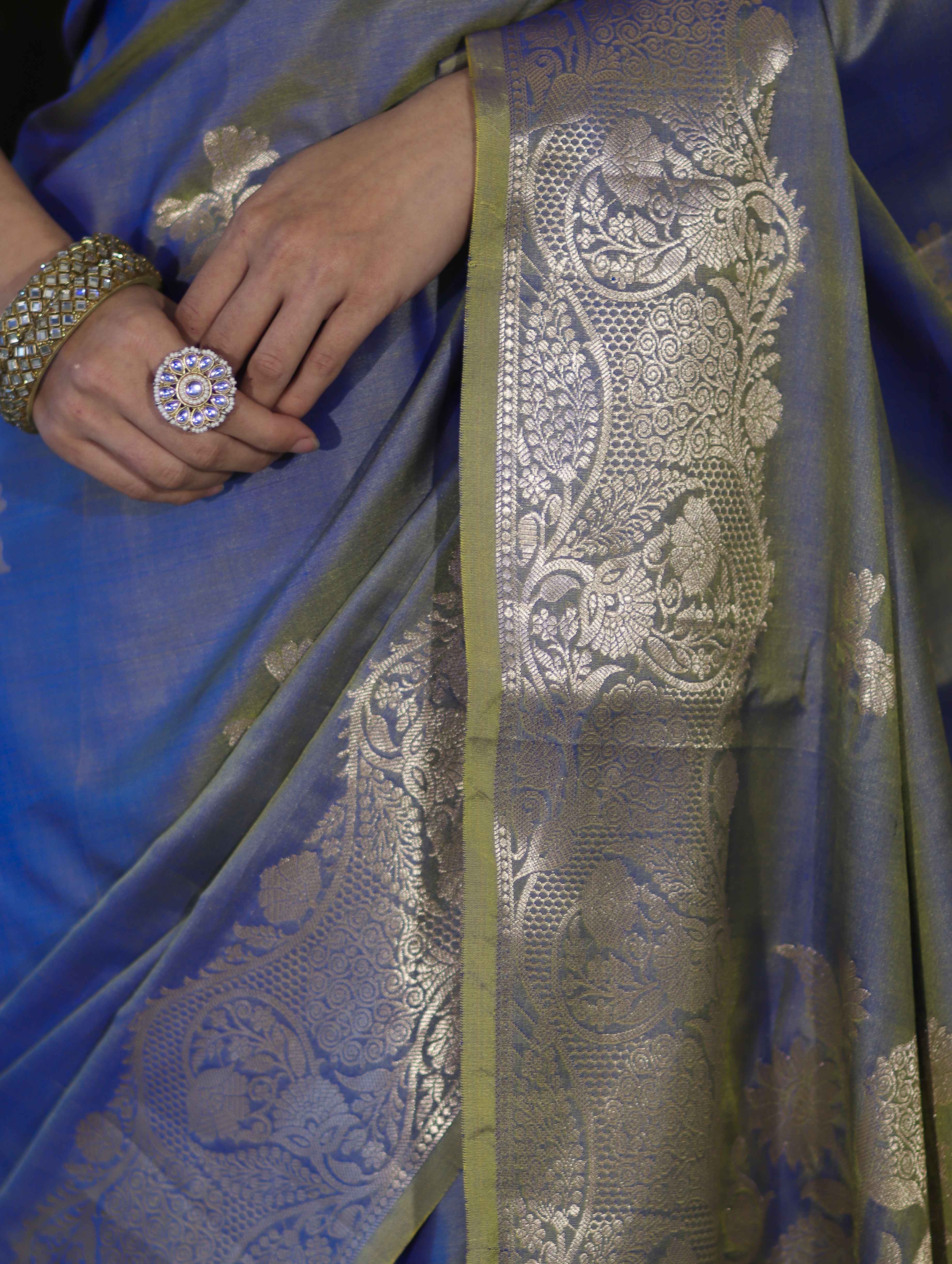 Banarasee Handloom Dual Tone Semi Silk Saree With Zari Buta Design & Floral Border-Blue