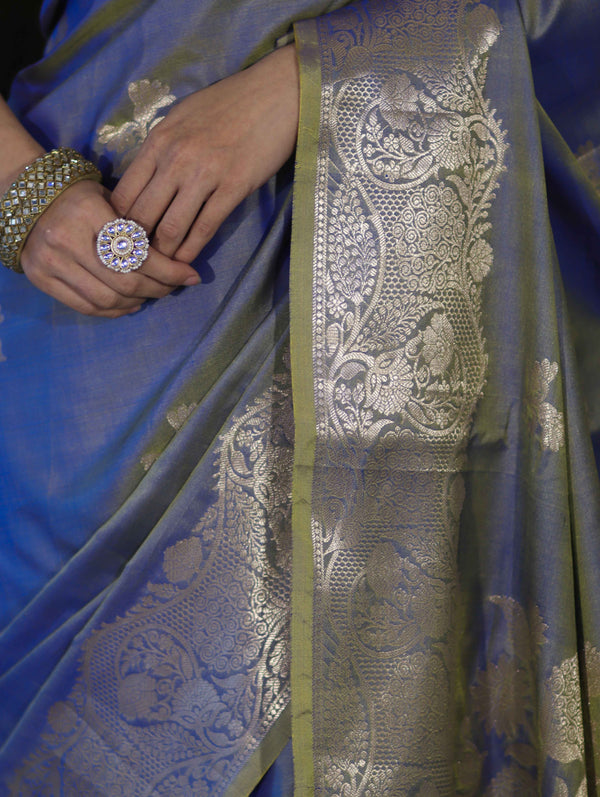Banarasee Handloom Dual Tone Semi Silk Saree With Zari Buta Design & Floral Border-Blue