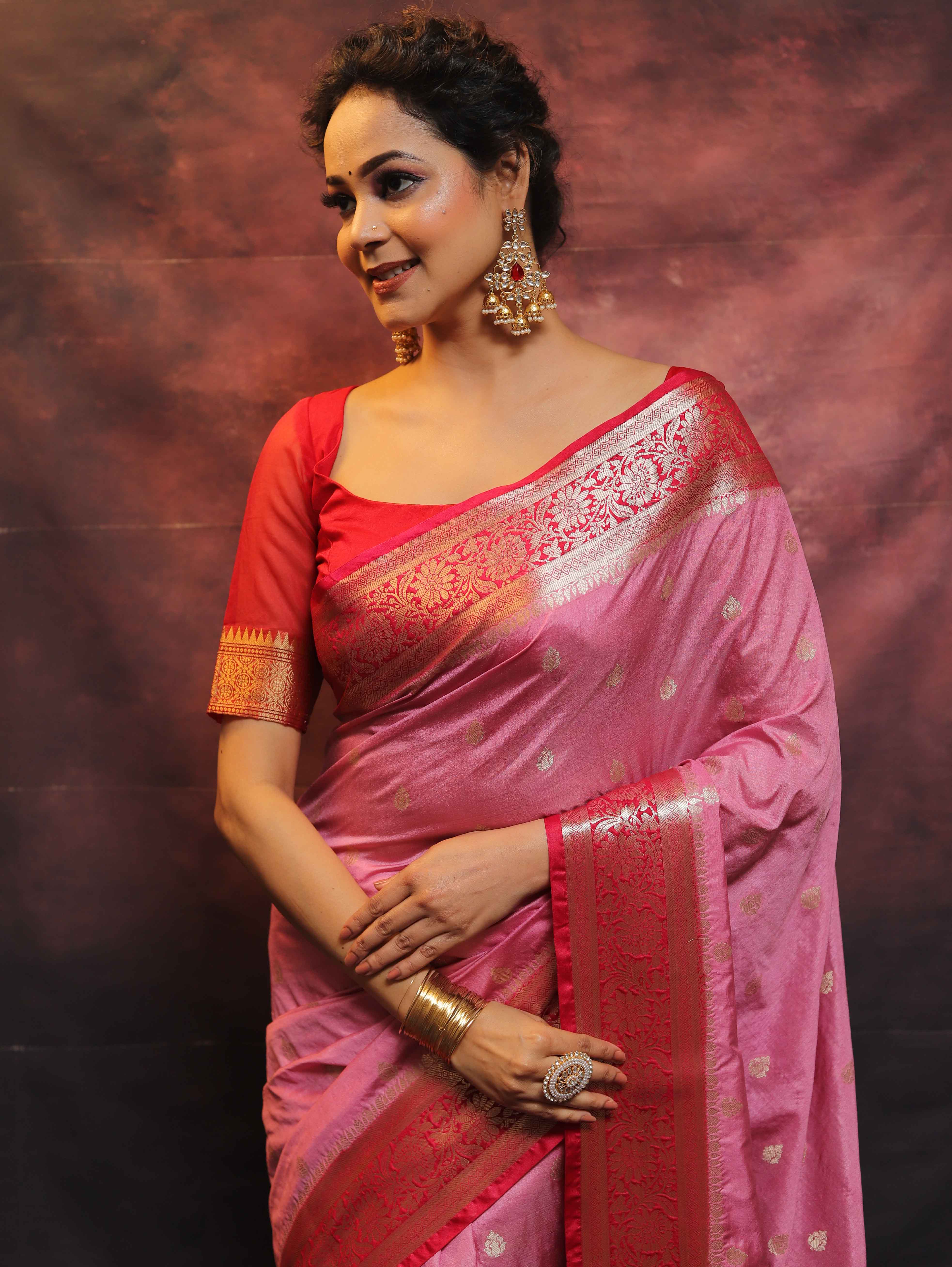 Banarasee Handwoven Semi-Chiffon Saree With Contrast Border & Gold Zari-Pink & Red