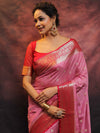 Banarasee Handwoven Semi-Chiffon Saree With Contrast Border & Gold Zari-Pink & Red