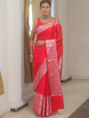 Banarasee Handwoven Plain Semi Silk Saree With Silver Zari Border-Red