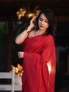 Banarasee Handloom Plain Cotton Silk Saree With Contrast Pallu-Red