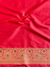 Banarasee Handwoven Semi-Katan Zari & Resham Weaving Floral Border Saree-Red