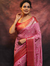 Banarasee Handwoven Semi-Chiffon Saree With Contrast Border & Gold Zari-Pink & Red
