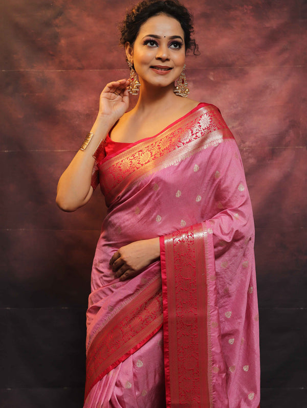 Banarasee Handwoven Semi-Chiffon Saree With Contrast Border & Gold Zari-Pink & Red