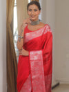 Banarasee Handwoven Plain Semi Silk Saree With Silver Zari Border-Red