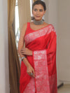 Banarasee Handwoven Plain Semi Silk Saree With Silver Zari Border-Red