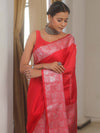 Banarasee Handwoven Plain Semi Silk Saree With Silver Zari Border-Red