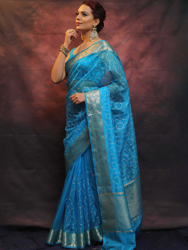 Banarasee Organza Floral Embroidery Sequin Work Saree-Blue
