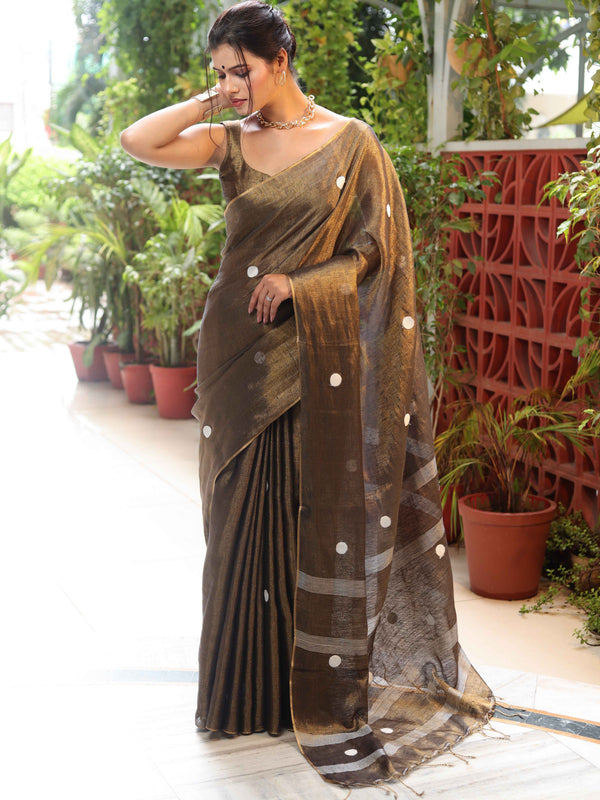 Banarasee Linen Tissue Metallic Shine Saree With Embroidered Buta-Black (Gold Tone)