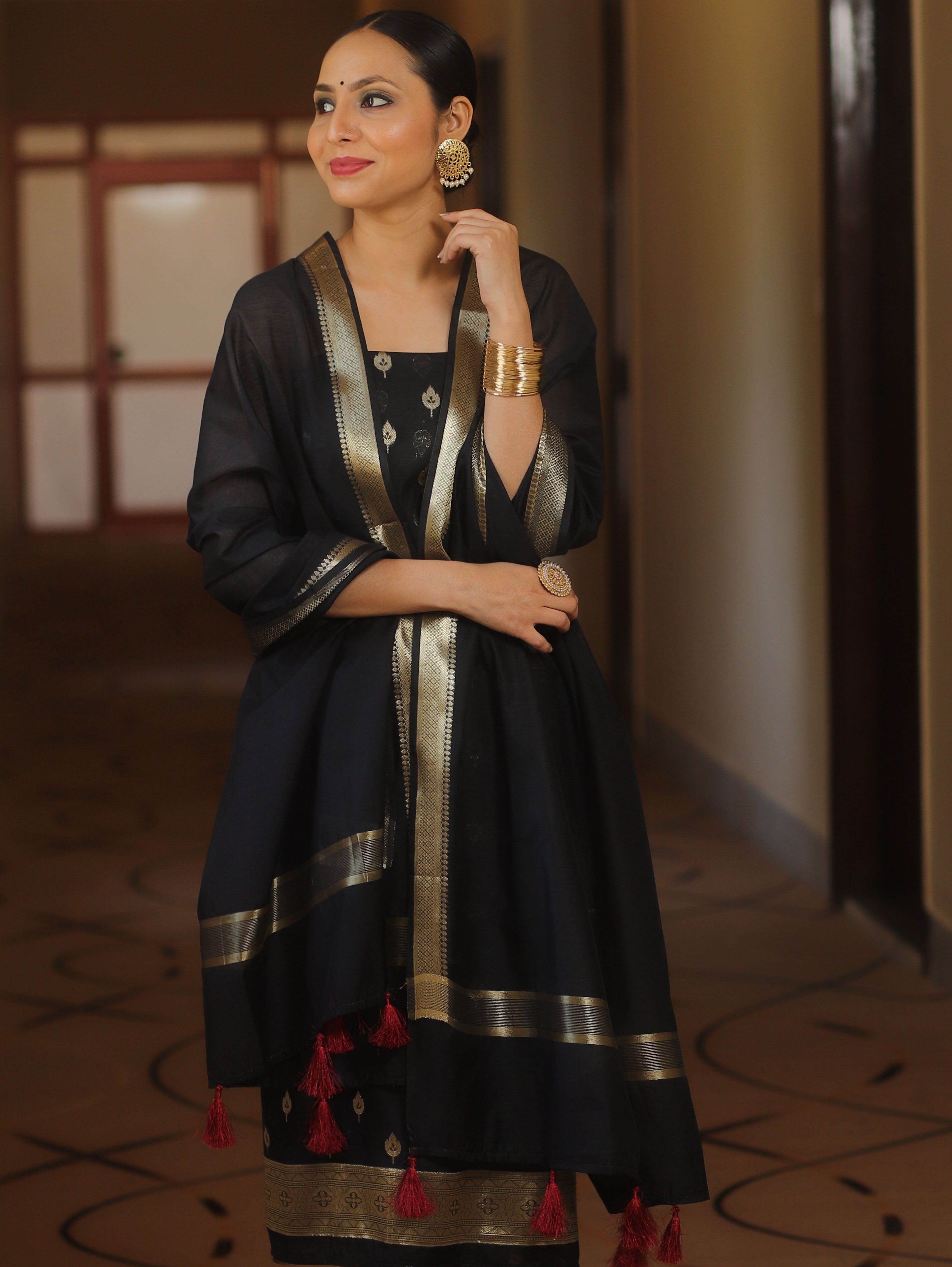 Banarasee Cotton Silk Zari Work Salwar Kameez Fabric With Plain Dupatta-Black