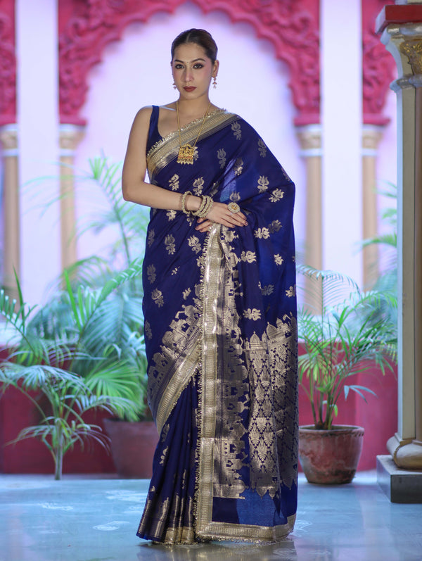 Banarasee Handloom Soft Silk Saree With Trishul Design Ganga Ghat Border & Lace-Blue