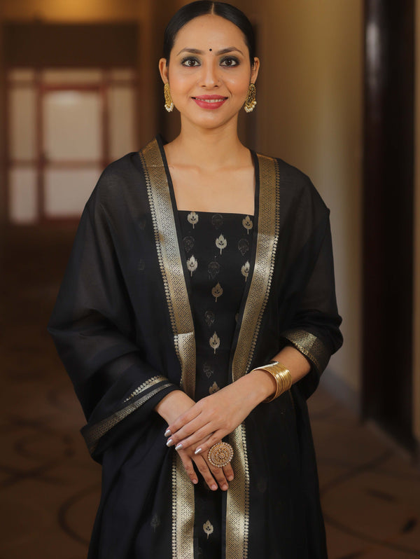 Banarasee Cotton Silk Zari Work Salwar Kameez Fabric With Plain Dupatta-Black