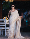 Banarasee Handloom Pure Linen Saree With Gold Zari Border-Off White