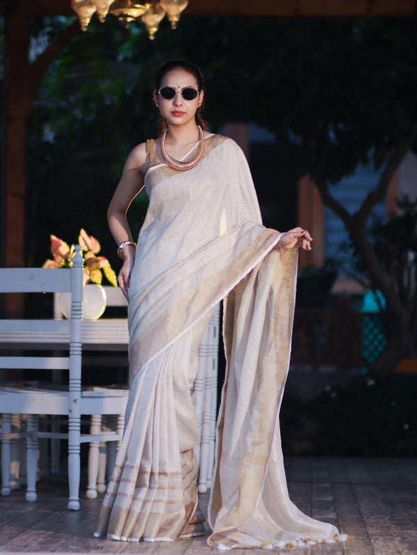 Banarasee Handloom Pure Linen Saree With Gold Zari Border-Off White