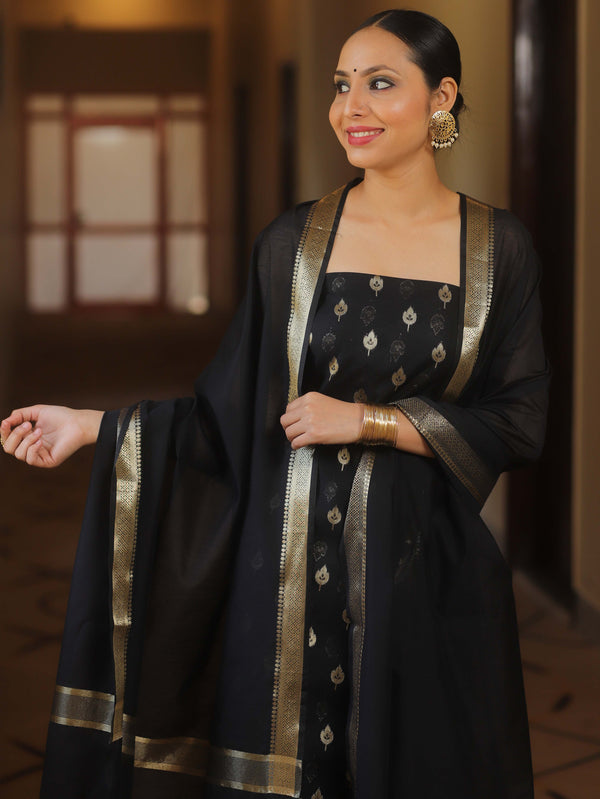 Banarasee Cotton Silk Zari Work Salwar Kameez Fabric With Plain Dupatta-Black