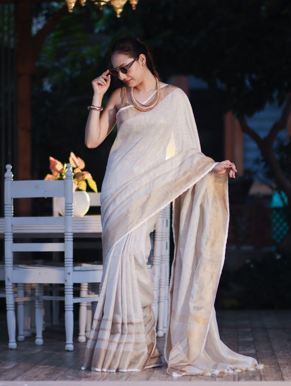 Banarasee Handloom Pure Linen Saree With Gold Zari Border-Off White