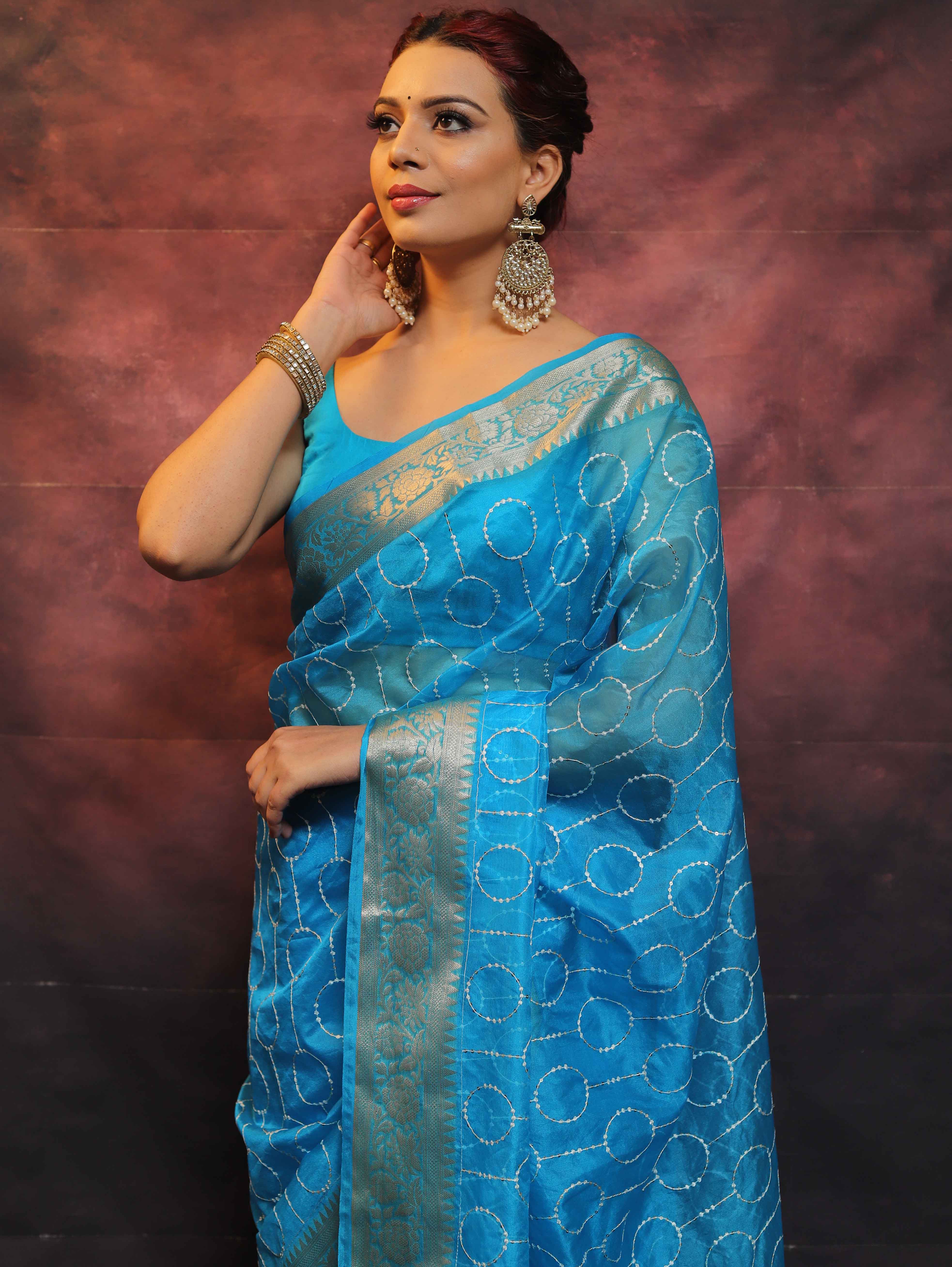 Banarasee Organza Floral Embroidery Sequin Work Saree-Blue