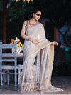 Banarasee Handloom Pure Linen Saree With Gold Zari Border-Off White