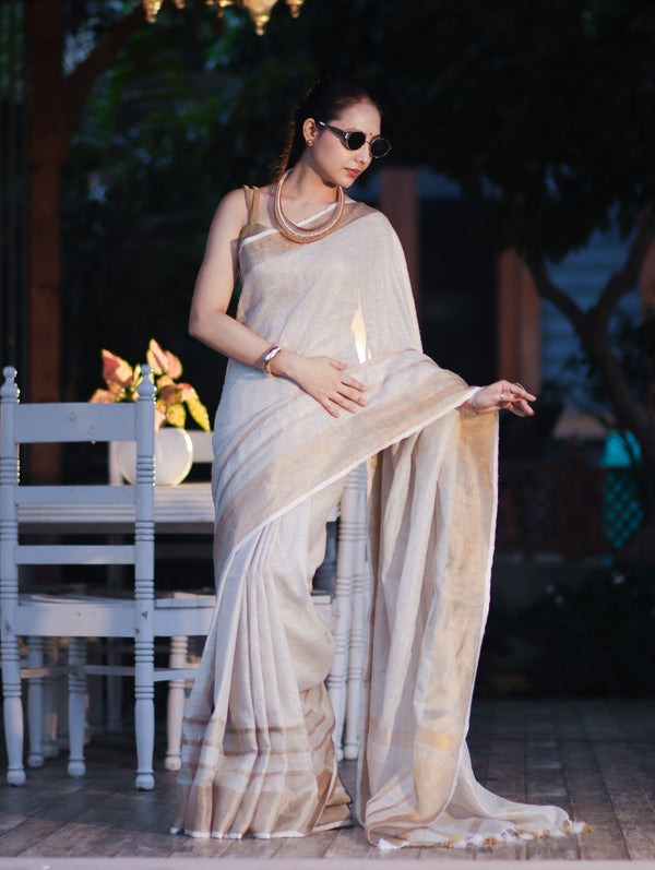 Banarasee Handloom Pure Linen Saree With Gold Zari Border-Off White