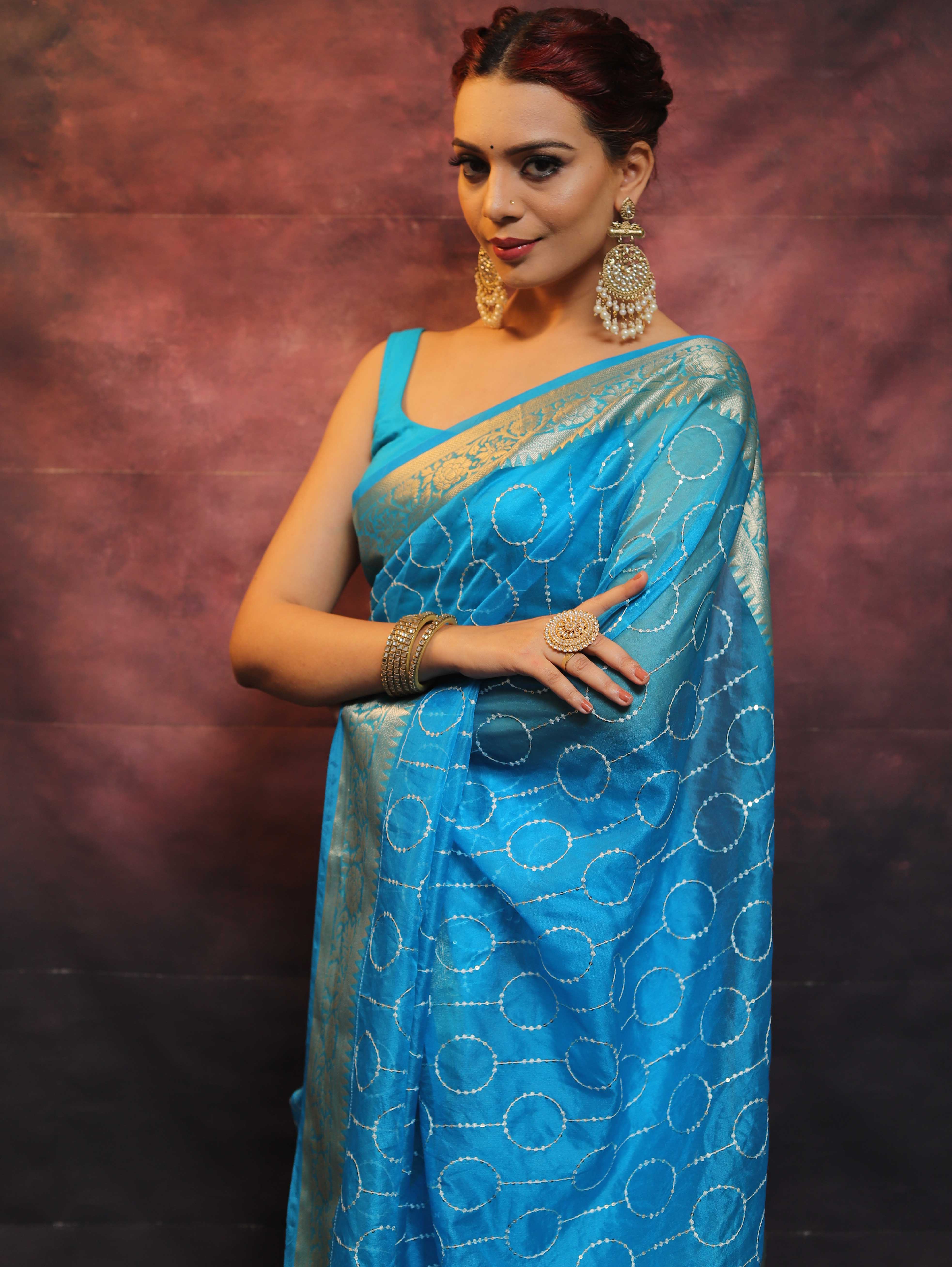 Banarasee Organza Floral Embroidery Sequin Work Saree-Blue