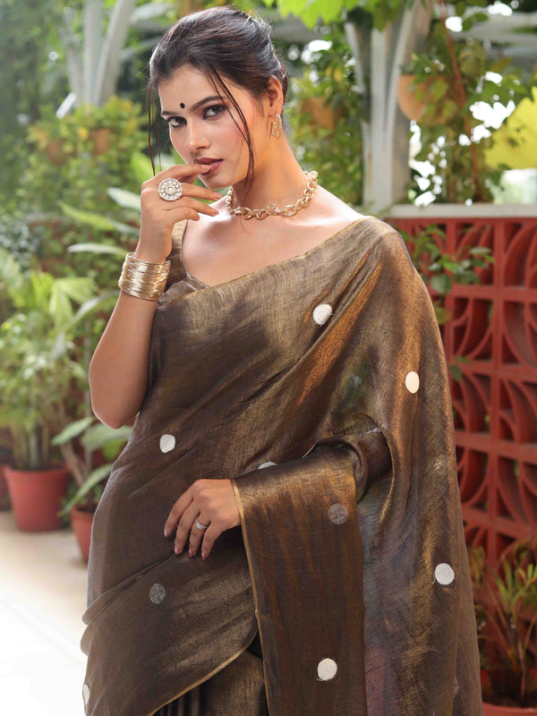 Banarasee Linen Tissue Metallic Shine Saree With Embroidered Buta-Black (Gold Tone)