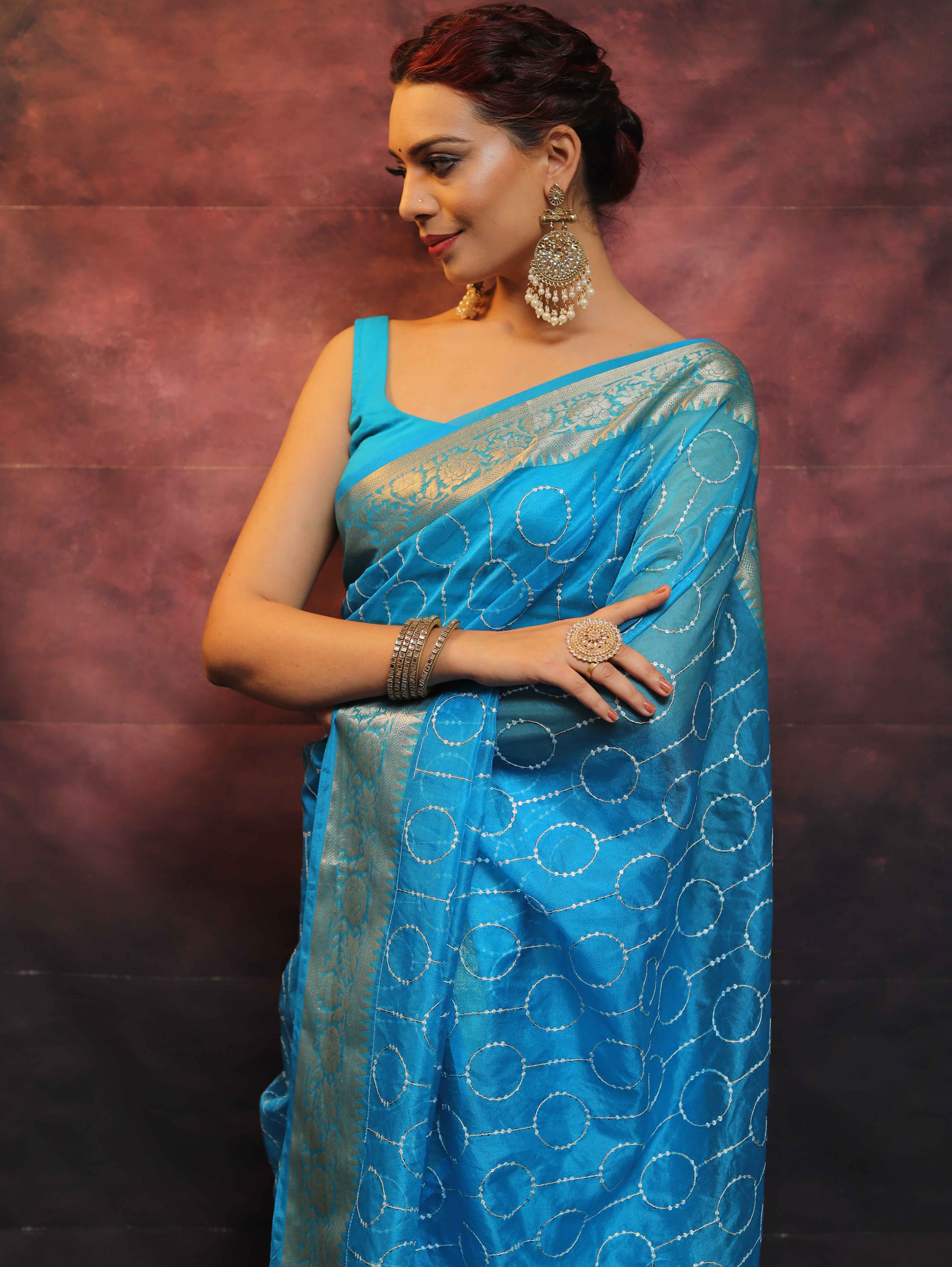 Banarasee Organza Floral Embroidery Sequin Work Saree-Blue