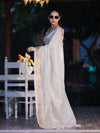 Banarasee Handloom Pure Linen Saree With Gold Zari Border-Off White