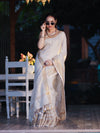 Banarasee Handloom Pure Linen Saree With Gold Zari Border-Off White