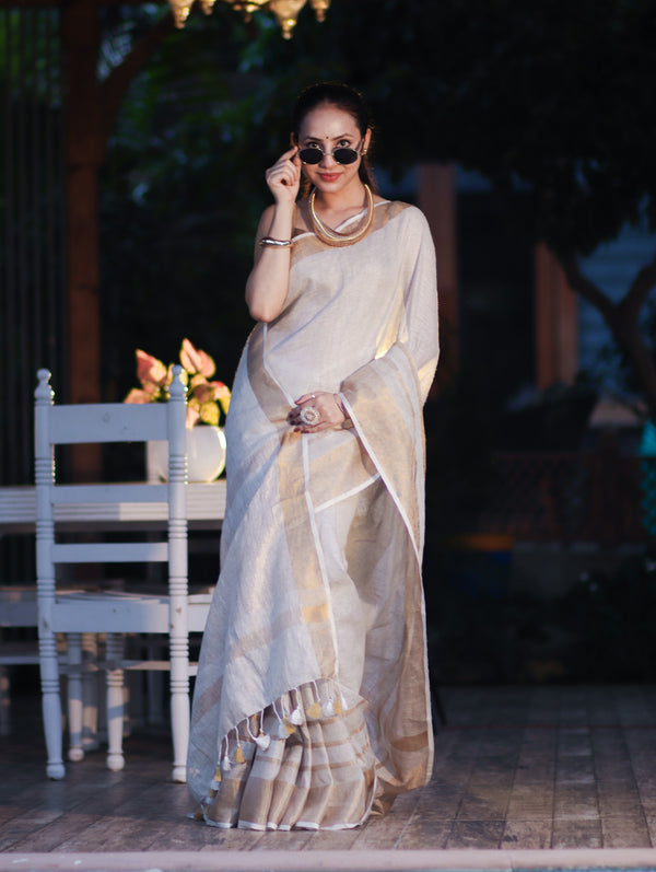 Banarasee Handloom Pure Linen Saree With Gold Zari Border-Off White