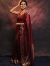 Banarasee Organza Floral Embroidery Sequin Work Saree-Maroon