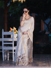 Banarasee Handloom Pure Linen Saree With Gold Zari Border-Off White